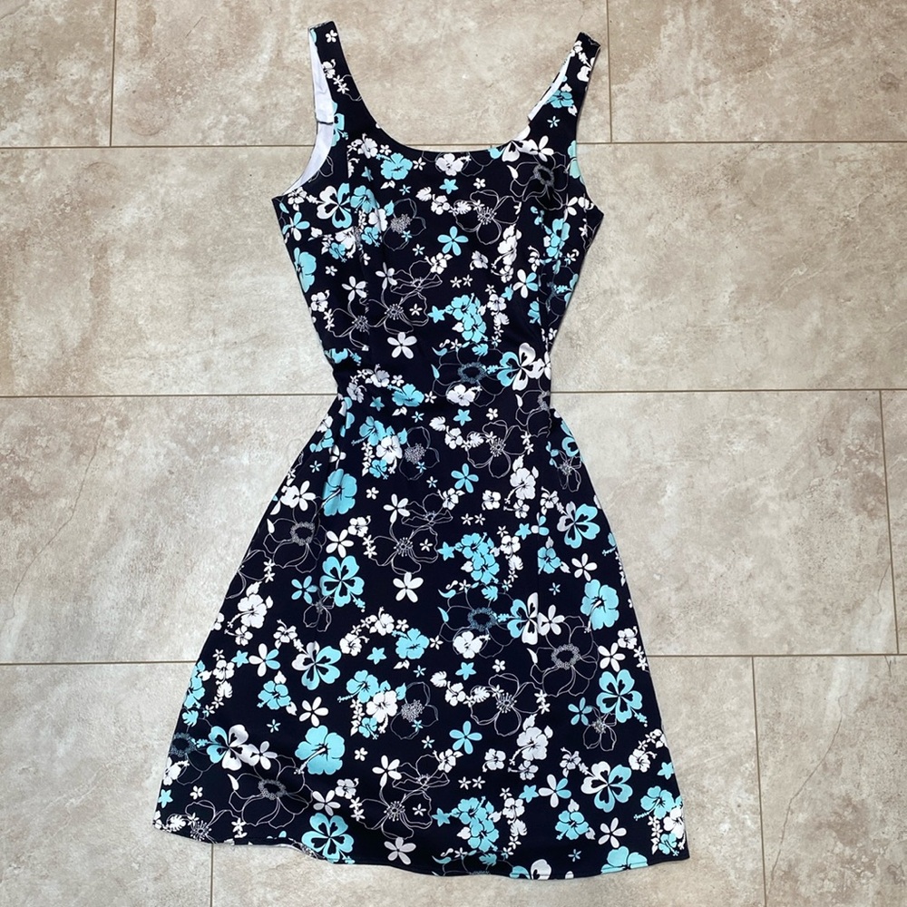 Lily summer floral dress black white blue thin adjustable straps zipper back